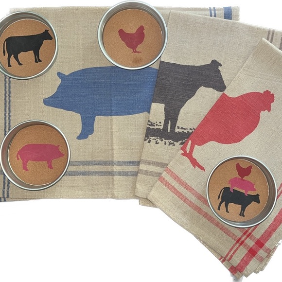 Farm Fresh collection: dish towels rooster/cow/pig silhouette/stripe border-NWT - Picture 1 of 16